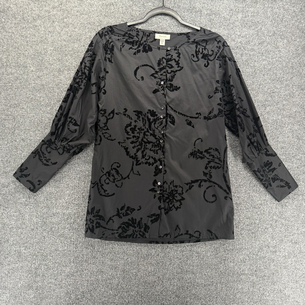 Faconnable Blouse Top Womens XS Black Burnout Button Up Old Money Quiet Luxury